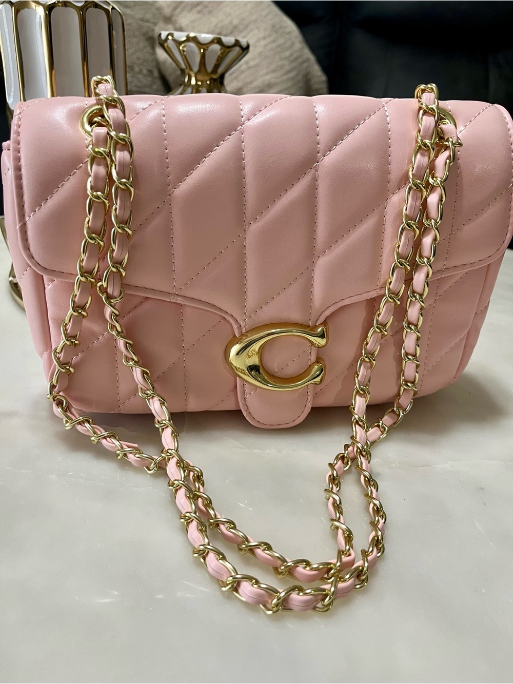 Pink Quilted Shoulder Bag with Gold Chain